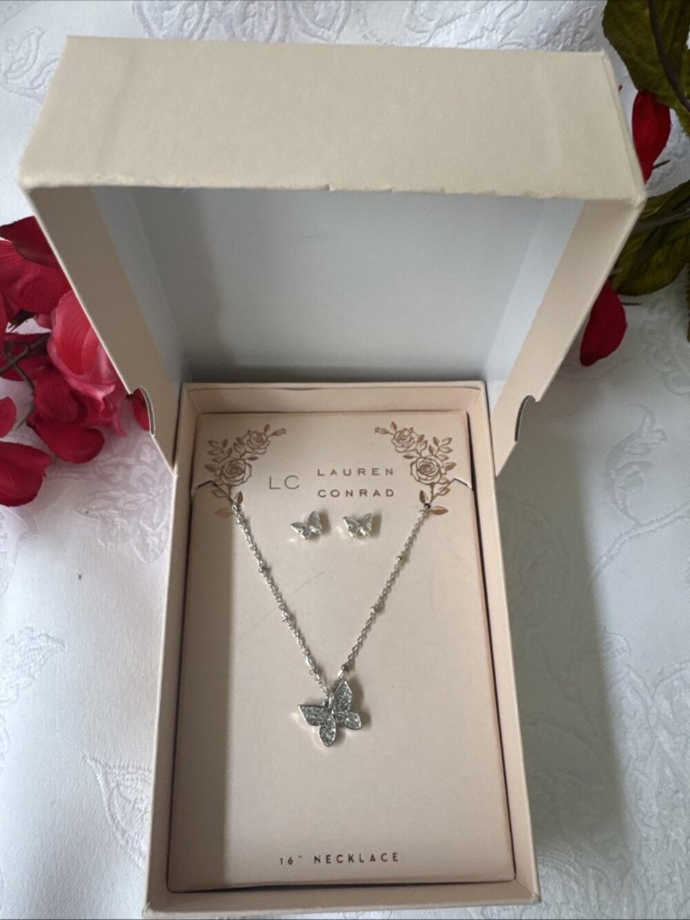 LC Lauren Conrad Gift Set 16" Butterfly Necklace & Earrings CZ Silvertone NEW